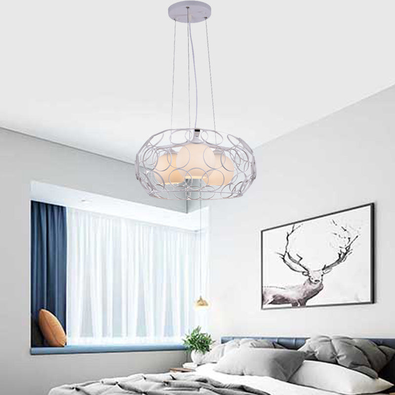 Contemporary White Glass Chandelier With Cage Design - 3-Light Hanging Ceiling Lamp