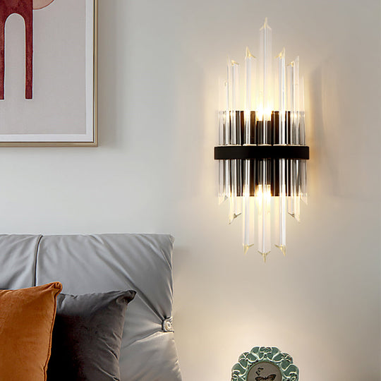 Crystal Prism Sconce Light: Contemporary 1/2-Pack Lamp With Square Black Backplate