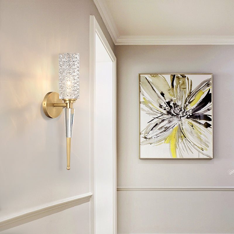 Contemporary Clear Crystal Wall Lamp With Gold Cylinder/Tapered Shade - 1 Light Sconce Fixture
