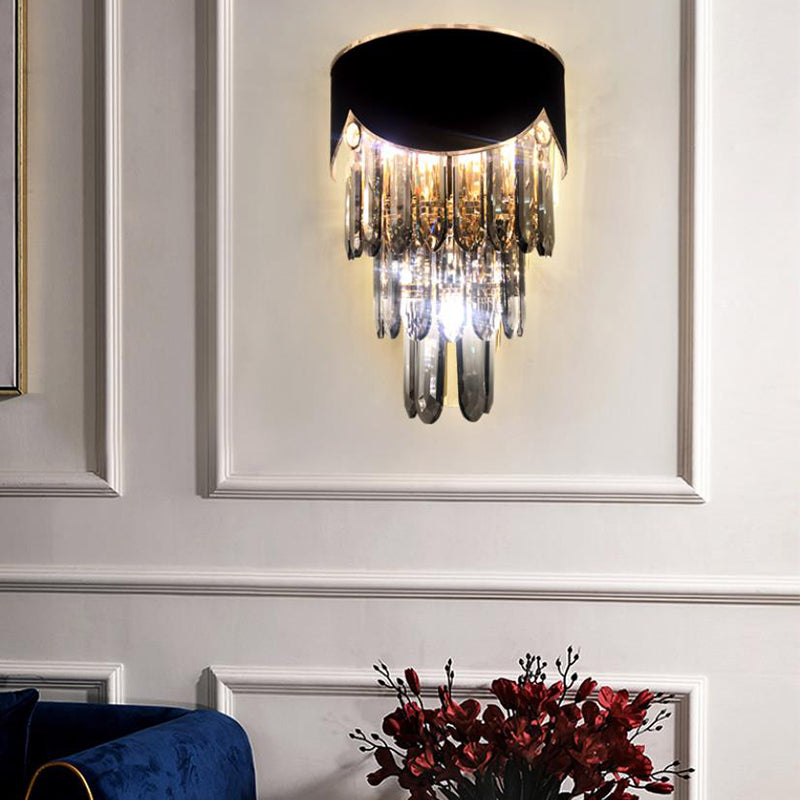Tiered Wall Lamp With Crystal Block In Black - Modern Metal Lighting For Bedroom / C