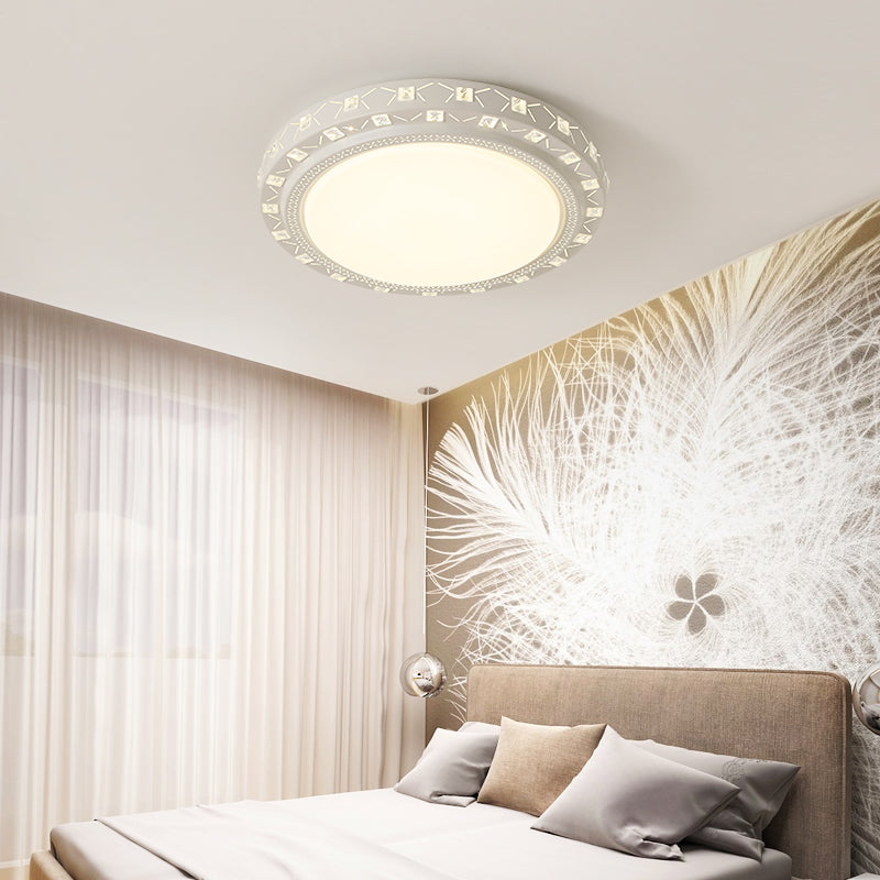 Modern White Drum Ceiling Flush Mount With Crystal Accent Led Fixture - Perfect For Bedrooms 16/19.5
