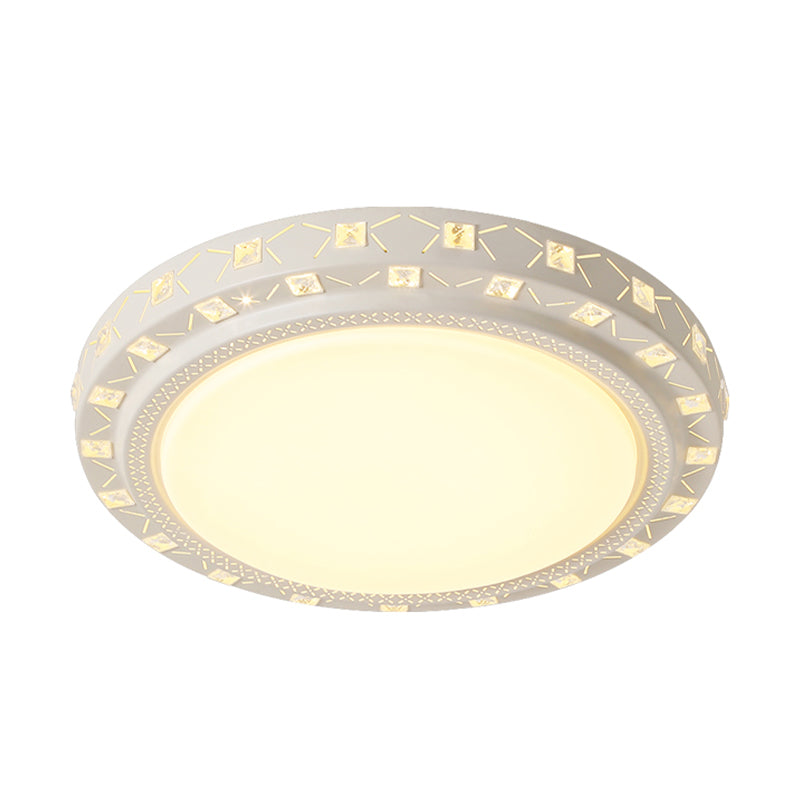Modern White Drum Ceiling Flush Mount With Crystal Accent Led Fixture - Perfect For Bedrooms