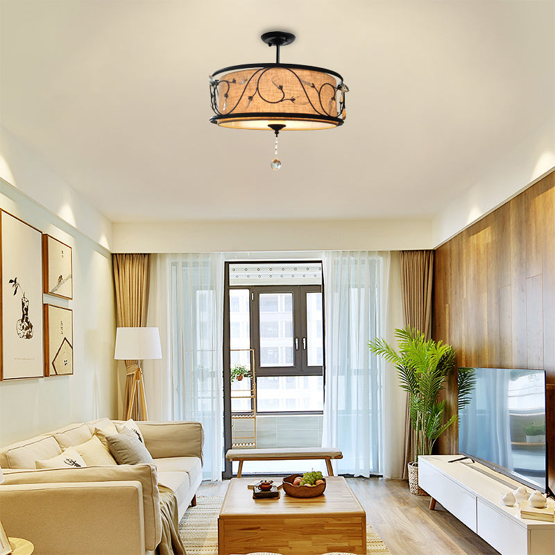 Vintage Drum Semi Flush Ceiling Light In Black Finish For Living Room Décor