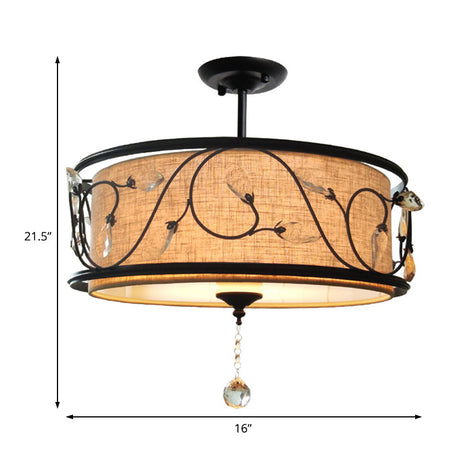 Vintage Drum Semi Flush Ceiling Light In Black Finish For Living Room Décor