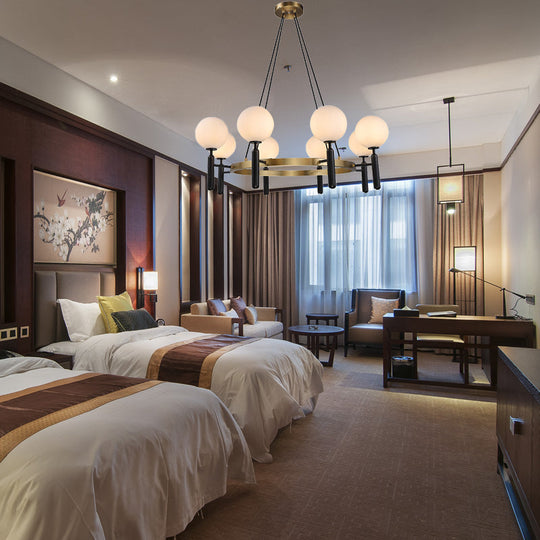 Modern White Glass Sphere Chandelier - Circular Design 8 Lights Black Hanging Fixture