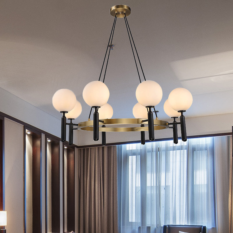 Modern White Glass Sphere Chandelier With Circular Design - 8 Lights Black Hanging Fixture