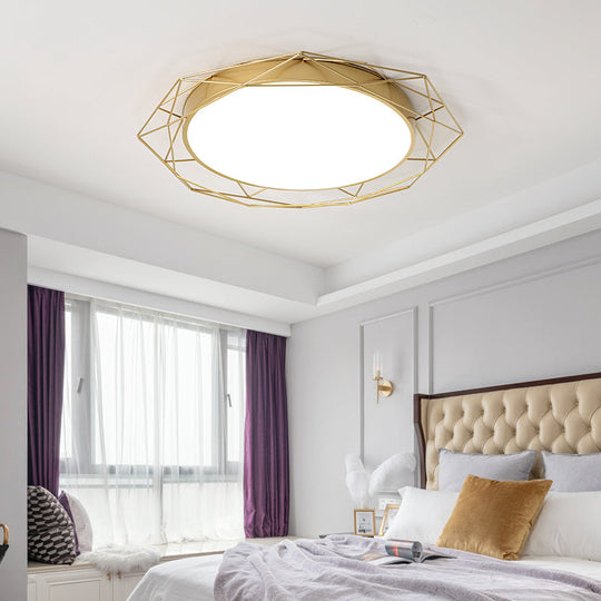 Metallic Flush Mount Ceiling Light Round Nordic Gold/Black Wire Frame Ideal For Bedroom 21.5/25.5