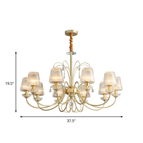 Modern Gold Ribbed Glass Cone Chandelier With 6/8/10 Lights - Elegant Hanging Ceiling Light For