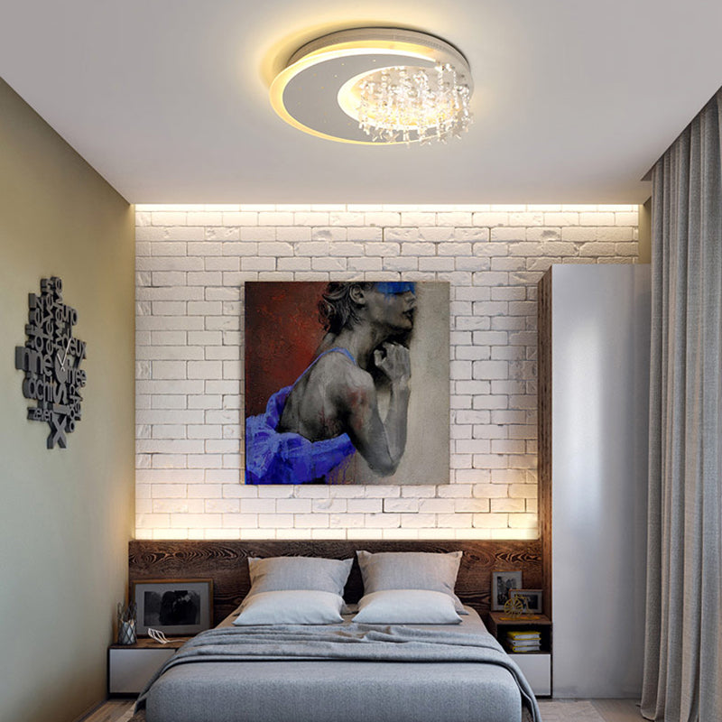 Modern Flush Ceiling Light With Crystal Accent - 16/23.5 Round Metal White Led Fixture