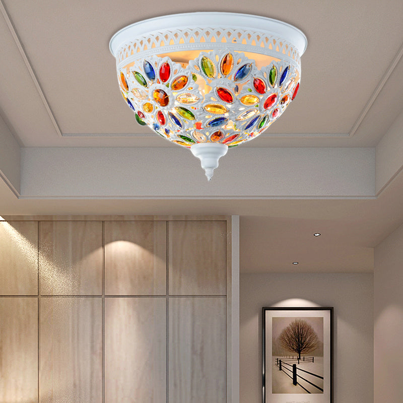 Modernist Bowl Flush Mount Ceiling Light With Crystal Gem Detail - 2 - Light Metal Fixture In