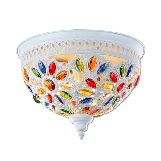Modernist Bowl Flush Mount Ceiling Light With Crystal Gem Detail - 2 - Light Metal Fixture In