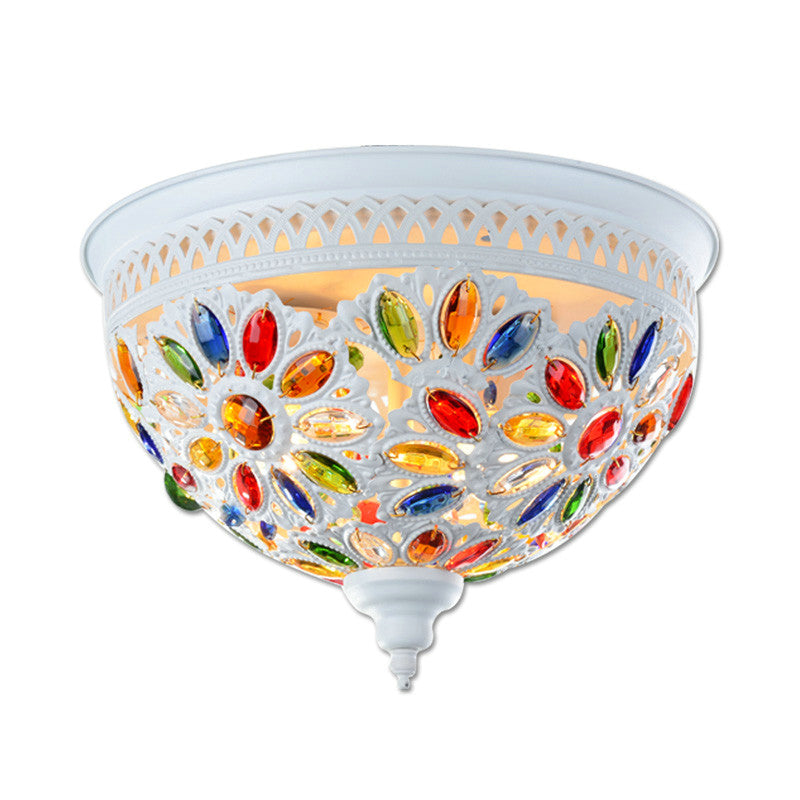 Modernist Bowl Flush Mount Ceiling Light With Crystal Gem Detail - 2-Light Metal Fixture In