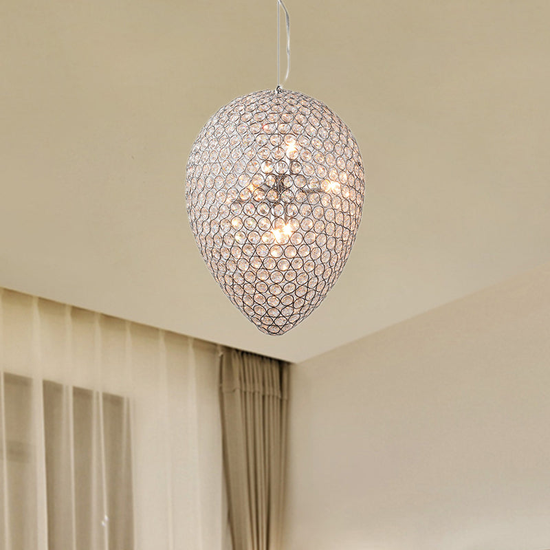 Chrome Beaded Pendant Lighting With Teardrop Shade - Modern Clear Crystal Chandelier