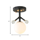 Modern White Glass And Metal Ceiling Lighting With Crystal Ball Deco - 1 Light Globe Semi Flush