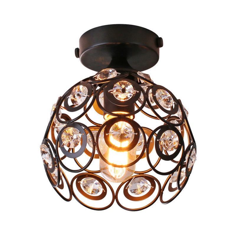 Modern Black Metal Semi Flush Pendant Light With Clear Crystal Deco - Dome Shade Ceiling Mounted