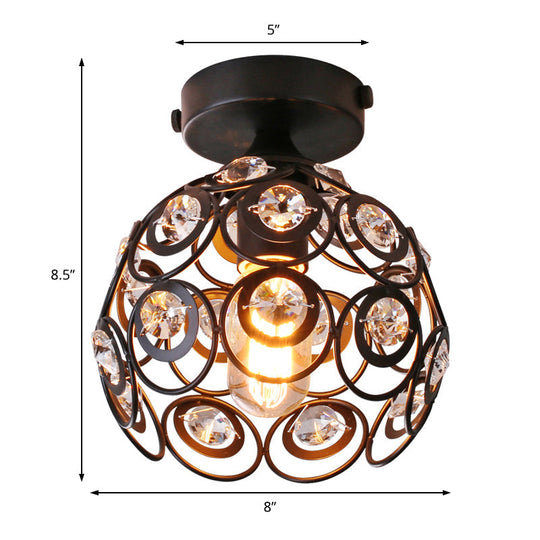 Modern Black Metal Semi Flush Pendant Light With Clear Crystal Deco - Dome Shade Ceiling Mounted