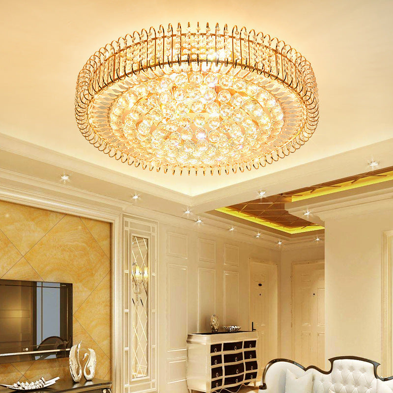 Vintage Gold Flush Ceiling Light With Clear Crystal Ball And Metallic Finish - 12’/18’ Diameter