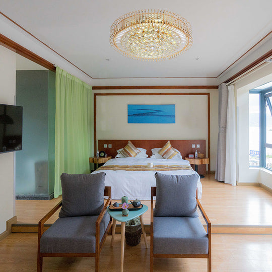 Vintage Gold Flush Ceiling Light With Clear Crystal Ball And Metallic Finish - 12’/18’ Diameter