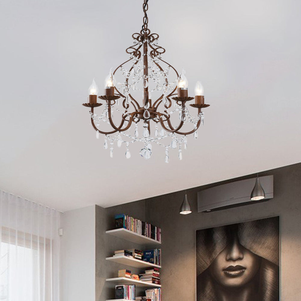 Antique Style Candle Pendant Chandelier Light With Clear Crystal Strands - 5 Lights Dark Rust