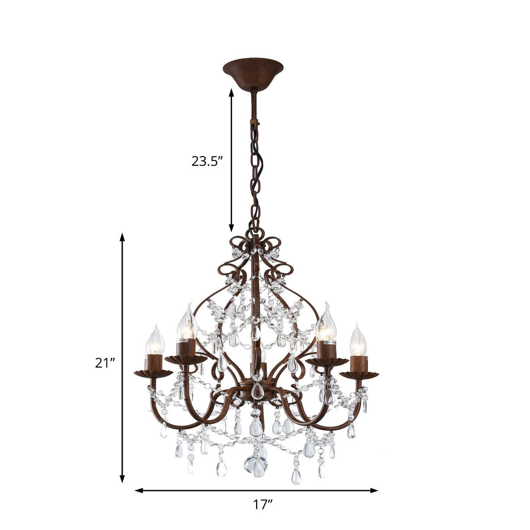 Antique Style Candle Pendant Chandelier Light With Clear Crystal Strands - 5 Lights Dark Rust