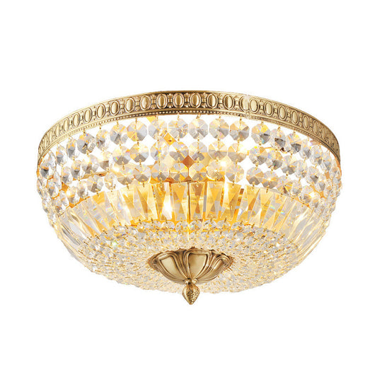 Vintage Golden Bowl Metal Ceiling Light With Clear Crystal Deco - 3 Lights Flush Mount