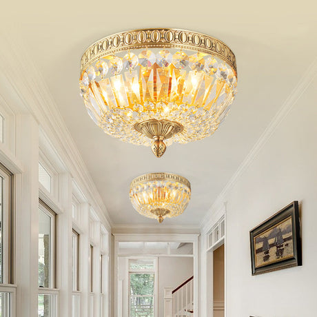Vintage Golden Bowl Metal Ceiling Light With Clear Crystal Deco - 3 Lights Flush Mount Gold / 12
