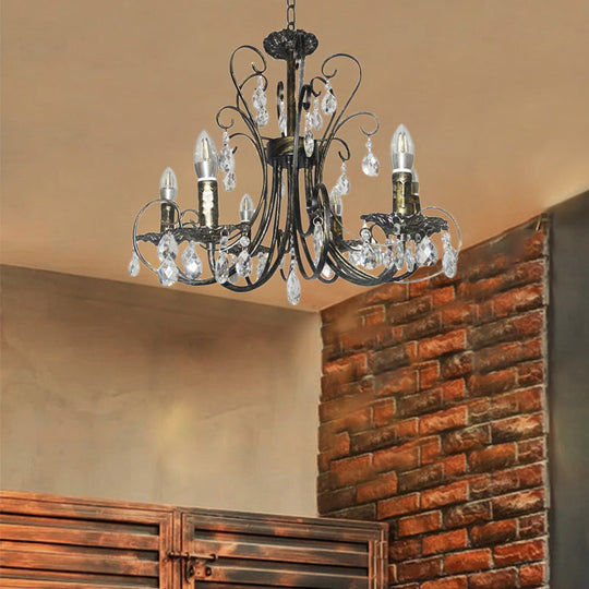 Rustic Candle Chandelier: Wrought Iron 6-Light Suspension Lamp With Crystal Accent - Brass Finish