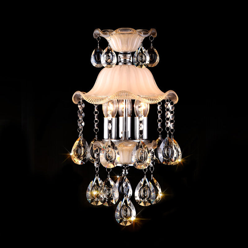 Modern Frosted Glass Ceiling Chandelier With Crystal Deco – Ruffled Edge Hanging Lamp In Champagne