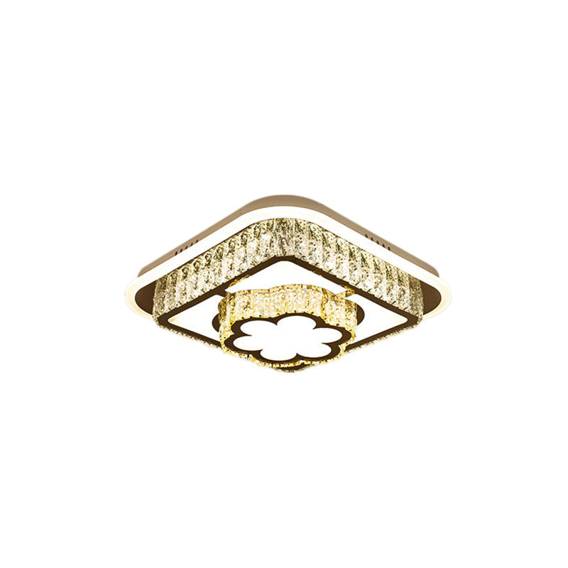 Modern Square/Flower Flush Ceiling Light - Clear Crystal Led White Bedroom