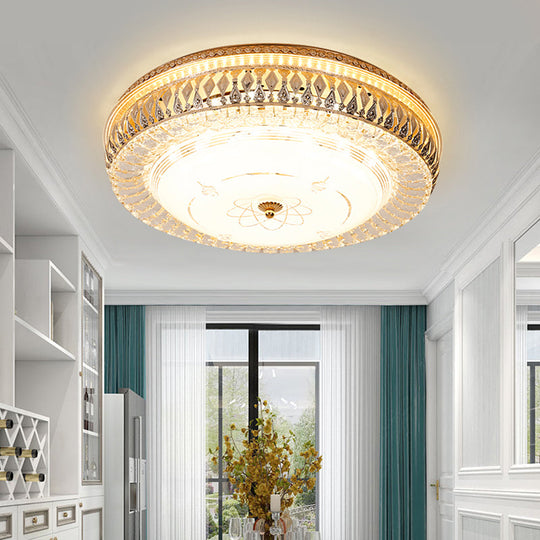 Vintage Brass Led Ceiling Light Fixture With Crystal Flush Mount Lamp And White Glass Shade -