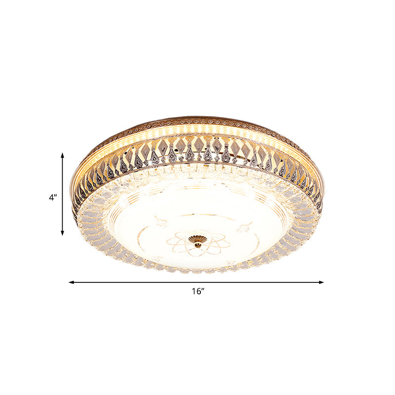 Vintage Brass Led Ceiling Light Fixture With Crystal Flush Mount Lamp And White Glass Shade -