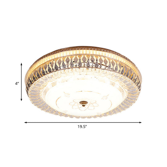 Vintage Brass Led Ceiling Light Fixture With Crystal Flush Mount Lamp And White Glass Shade -