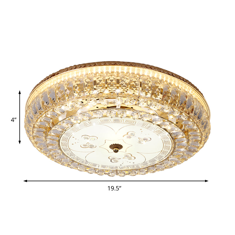 Led Drum Flush Light: Modern Crystal Ceiling Fixture With Gold Flower/Butterfly Pattern