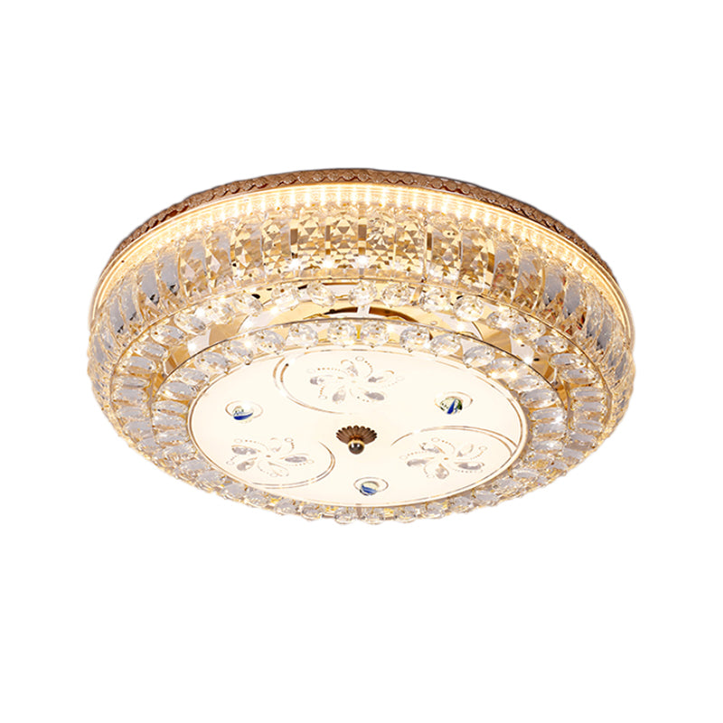 Led Drum Flush Light: Modern Crystal Ceiling Fixture With Gold Flower/Butterfly Pattern