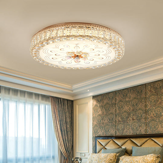 Gold Metal And Crystal Led Flushed Ceiling Light With Peacock/Floral Pattern - 16’/19.5’ Wide