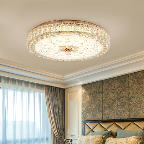 Gold Metal And Crystal Led Flushed Ceiling Light With Peacock/Floral Pattern - 16/19.5 Wide