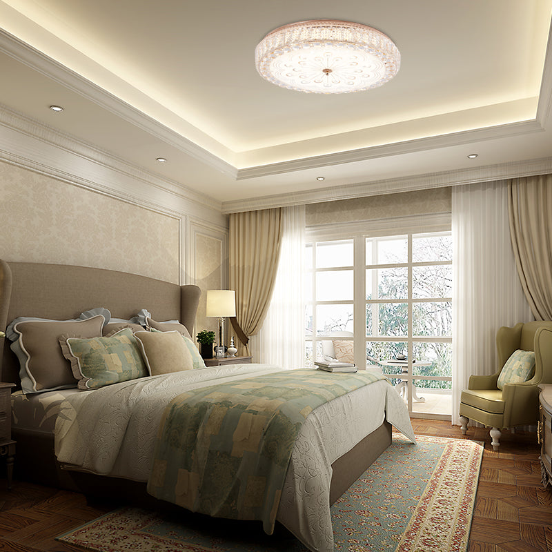 Gold Metal And Crystal Led Flushed Ceiling Light With Peacock/Floral Pattern - 16/19.5 Wide