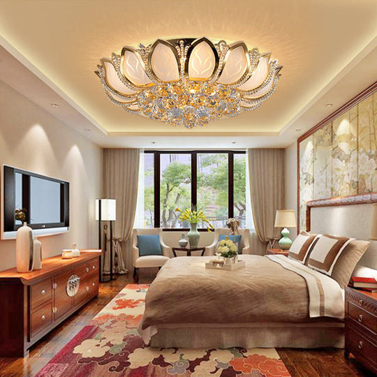 Vintage Petal Flushed Gold Ceiling Light With Frosted Glass & Clear Crystal Ball Décor - 18/19.5 W /