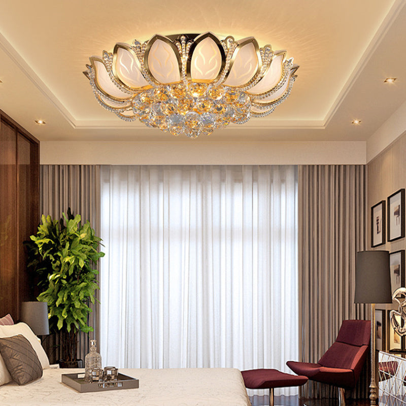 Vintage Petal Flushed Gold Ceiling Light With Frosted Glass & Clear Crystal Ball Décor - 18/19.5 W