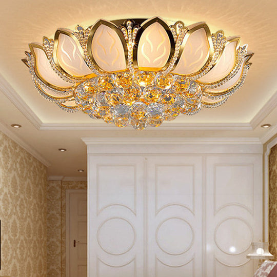 Vintage Petal Flushed Gold Ceiling Light With Frosted Glass & Clear Crystal Ball Décor - 18’/19.5’ W