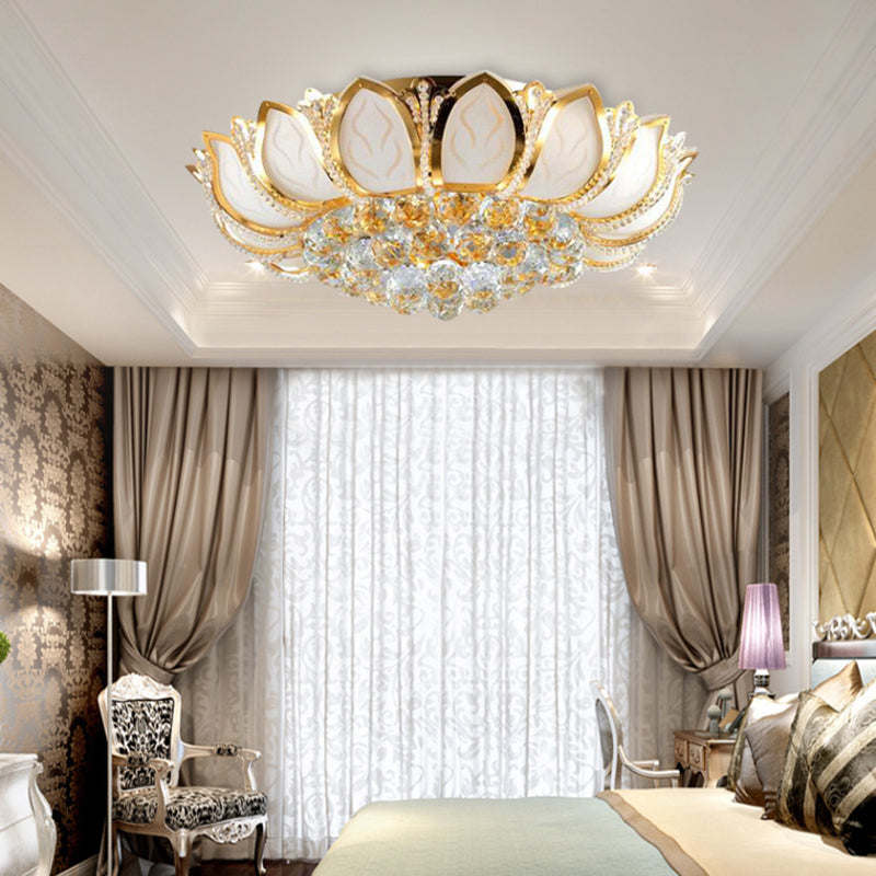 Vintage Petal Flushed Gold Ceiling Light With Frosted Glass & Clear Crystal Ball Décor - 18’/19.5’ W