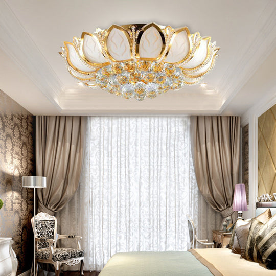 Vintage Petal Flushed Gold Ceiling Light With Frosted Glass & Clear Crystal Ball Décor - 18/19.5 W