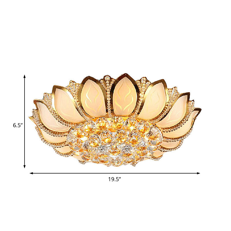 Vintage Petal Flushed Gold Ceiling Light With Frosted Glass & Clear Crystal Ball Décor - 18/19.5 W