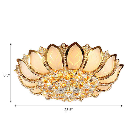 Vintage Petal Flushed Gold Ceiling Light With Frosted Glass & Clear Crystal Ball Décor - 18/19.5 W