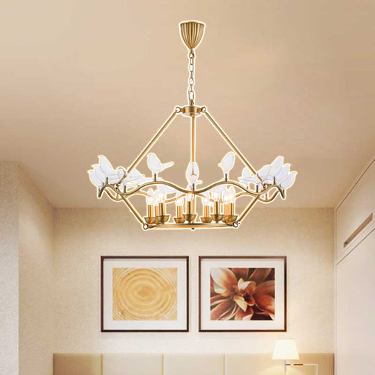 Modern Iron Candle Chandelier Ceiling Fixture In Gold With Clear Glass Birds - 6/9-Head For Living