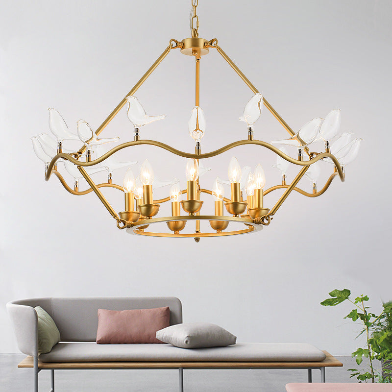 Postmodern Iron Candle Chandelier With Clear Glass Birds - 6/9-Head Gold Ceiling Fixture For Living