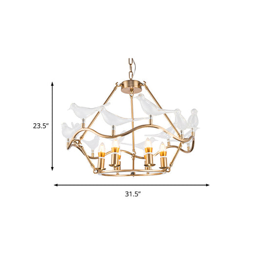 Postmodern Iron Candle Chandelier With Clear Glass Birds - 6/9-Head Gold Ceiling Fixture For Living