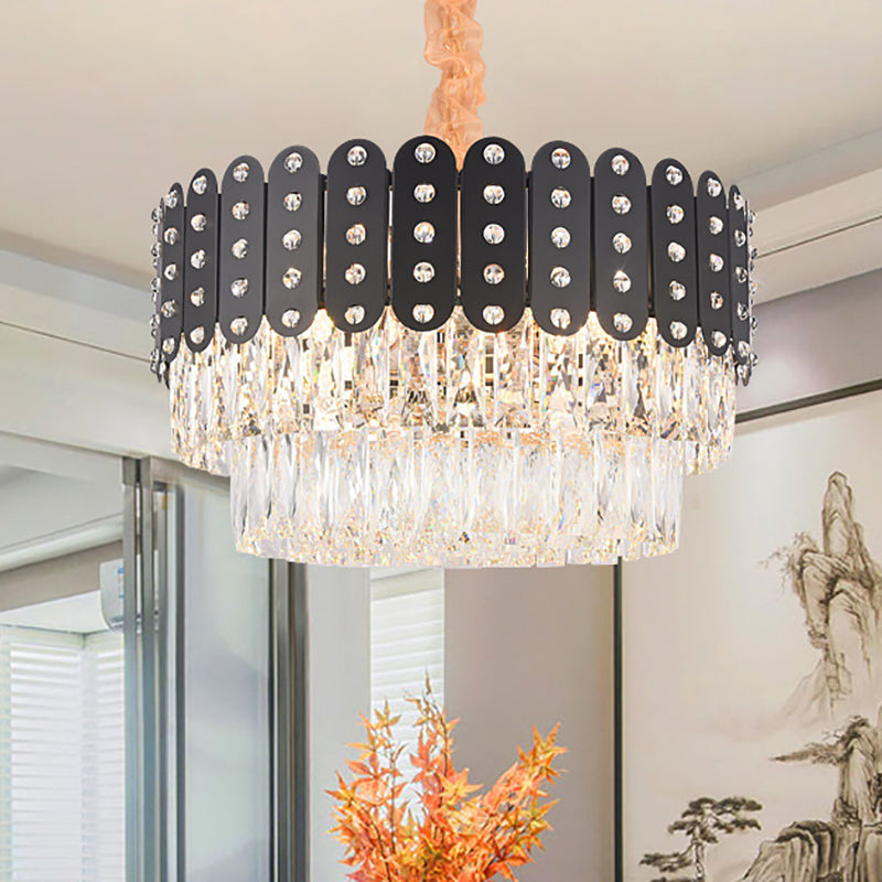 Vintage Metal Chandelier Pendant Light With Crystal Block - 12 Lights Round Design Black Finish