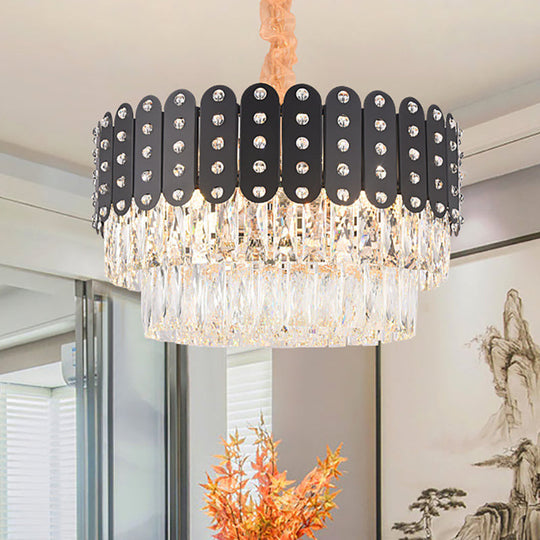 Vintage Metal Chandelier Pendant Light With Crystal Block - 12 Lights Round Design Black Finish