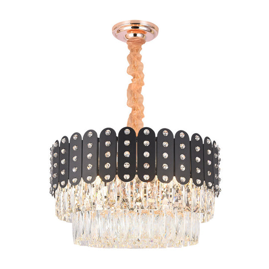 Vintage Metal Chandelier Pendant Light With Crystal Block - 12 Lights Round Design Black Finish